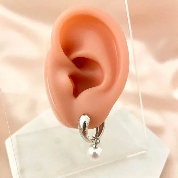 925 Sterling Silver Pearl Hoop Earrings Pearl Dangle Earrings - Picture 3 of 6